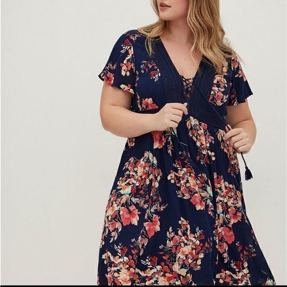 Torrid Navy Gauze Short Sleeve Skater Dress with Lace Collar Detail and Pockets - Picture 2 of 10